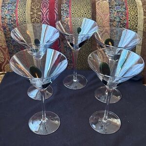 Set of 5 Handblown Glass Martini Glasses with green dots